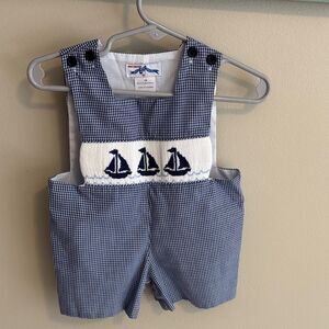Silly goose 3 months Navy Blue Gingham sailboat smocked shortalls